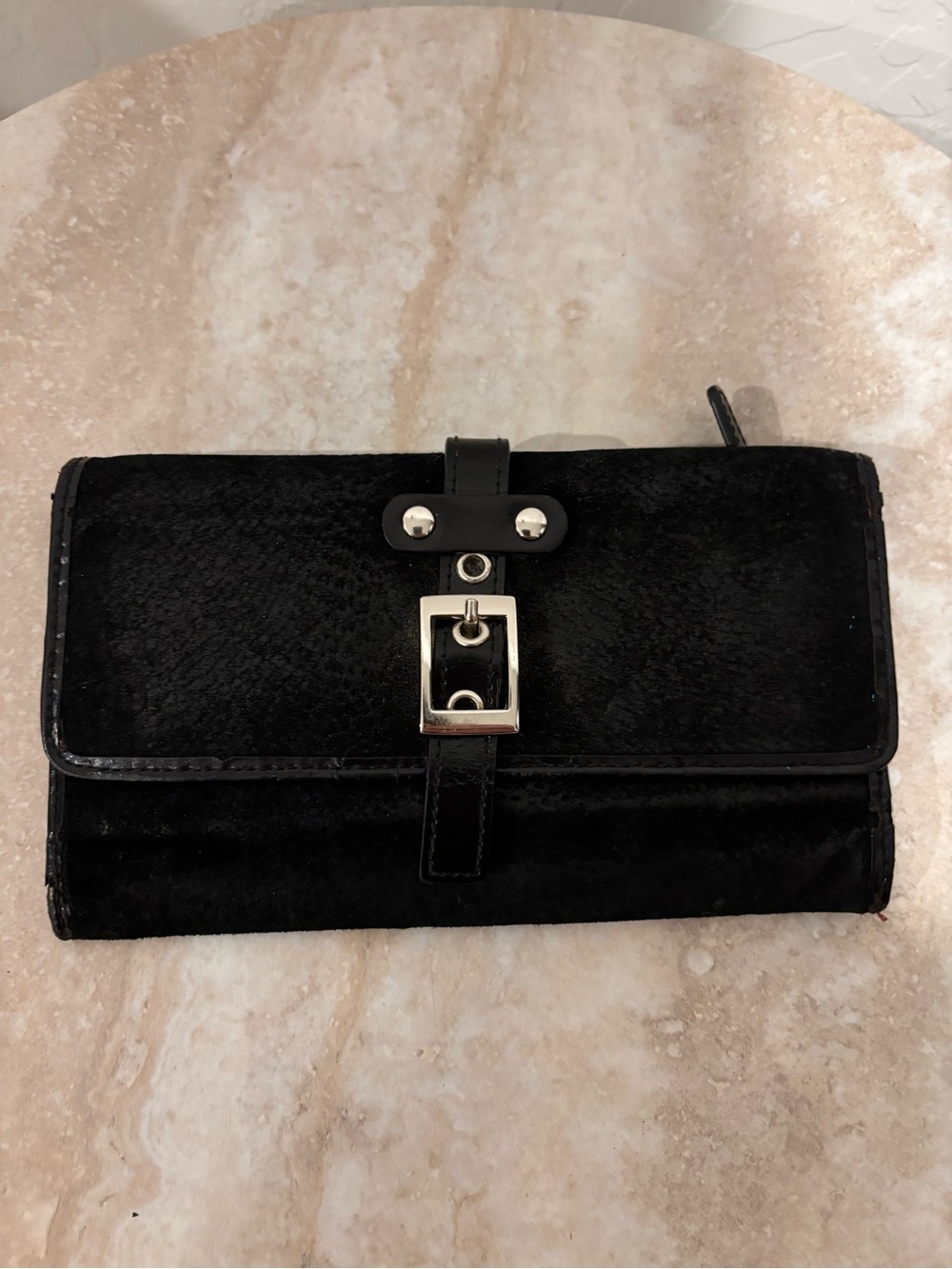 Wilson’s Leather Black suede Buckle Clutch long tri-fold Wallet